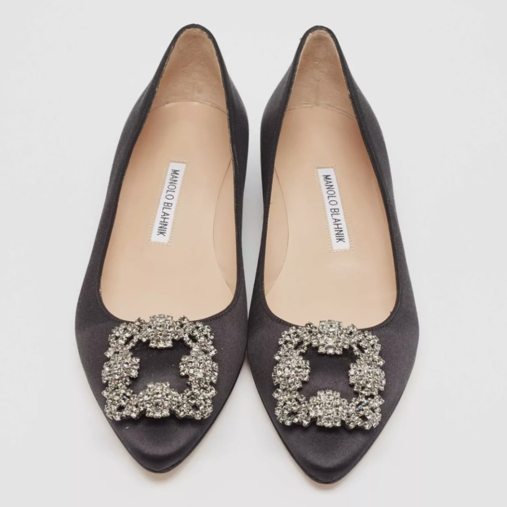 Manolo Blahnik HANGISIFLAT Black Satin Jewel Buckle Flat Pumps Size 39 - Picture 3 of 16